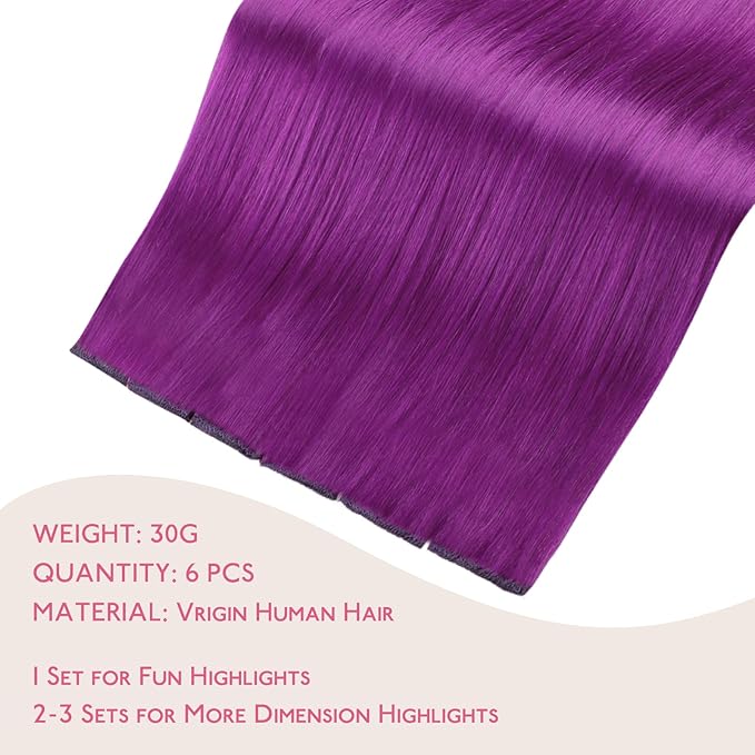 WENNALIFE Purple Clip in Hair Extensions Real Human Hair 35g 6pcs 14 Inch Colored Hair Extensions for Kids Women Colorful Hair Pieces Pop-up Style Straight Extensiones De Cabello Humano Con Clip