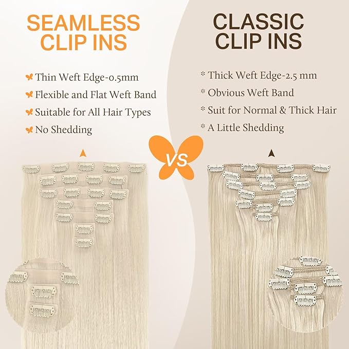 DOORES Seamless Clip in Human Hair Extensions, Platinum Blonde 24 Inch 7pcs 160g, Clip in Hair Extensions Straight Thin Weft Natural