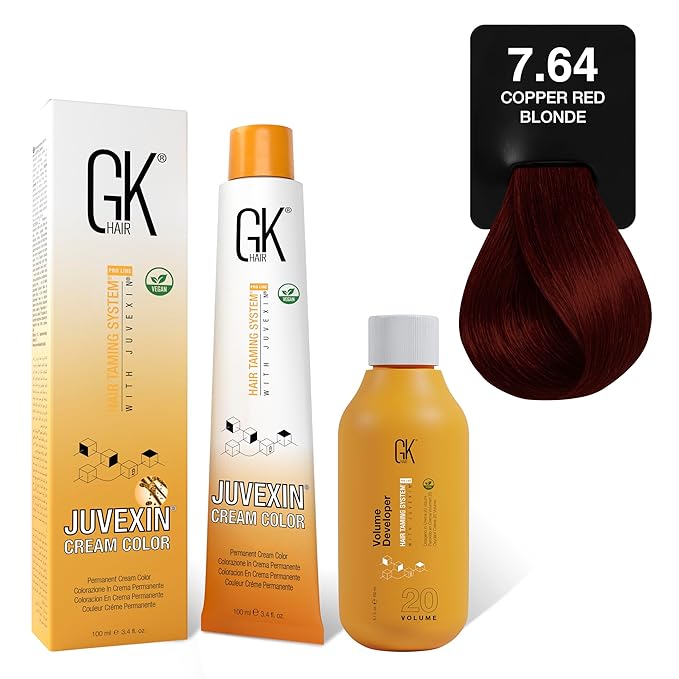 GK HAIR Global Keratin Reds 7.64 Copper Blonde Hair Color Cream Tube (3.4 Fl Oz/100ml) + 20 Volume Developer (5 Fl Oz/150ml) - Professional Permanent Long Lasting Toner Dye