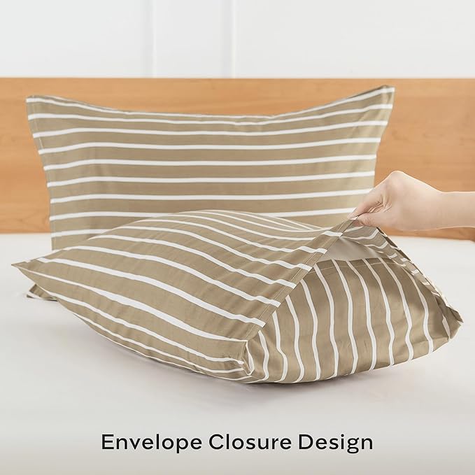 JELLYMONI 100% Natural Cotton Striped King Pillowcases Set, 2 Pack Khaki and White Stripes Pattern Printed Pillow Covers with Envelope Closure(Pillows are not Included)