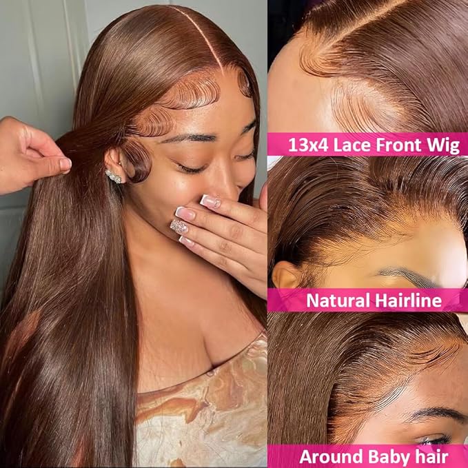 Hermosa 13x4 Brown Lace Front Wigs Human Hair Pre Plucked Hairline 180 Density Straight Lace Frontal Human Hair Wigs for Women 4# Brown Color 18 Inch