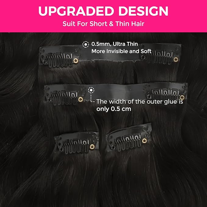 Lashey Seamless Clip in Hair Extensions Human Hair 9pcs 130g Body Wave Hair Extension 14 Inch #1B Natural Black Soft Natural Human Hair Clip in Hair Extensions with Invisi Edge