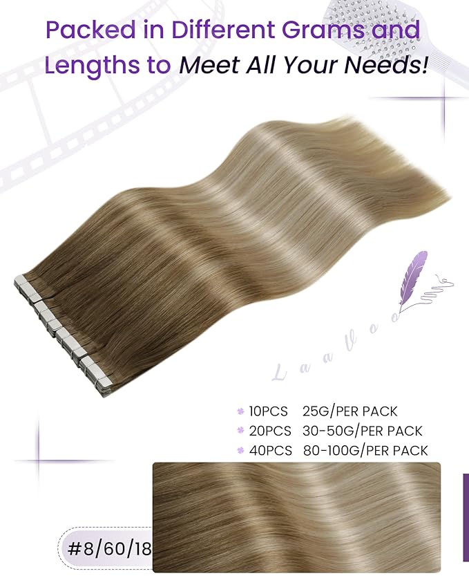 LaaVoo Tape in Hair Extensions Human Hair Ombre Hair Extensions Tape in Brown to Ash Blonde Hair Tape on Extensions Real Human Hair 20inch 50g 20pcs