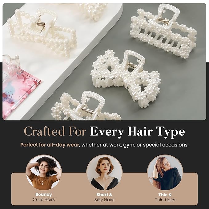 5 PCS Simulated Pearl Hair Claw Clips for Women | Multi-Use Barrettes for Thin Hair with Non-Slip Strong Hold | Barrettes for Thick & Curly Hair Accessories | Flat Claw Clips for Women, Off-White