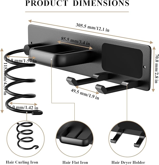 BSICPRO Hair Dryer Holder-3 in 1 Blow Dryer Holder-Metal Bathroom Hair Tool Organizer Wall Mounted-Bathroom Organizer for Hairdryer Curling Iron Flat Iron (Black)