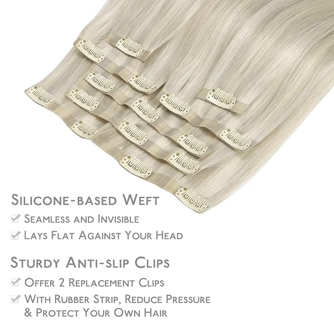 WENNALIFE Seamless Clip In Hair Extensions, 18 Inch 7pcs 130g Ash Blonde Highlighted Platinum Blonde Human Hair Extensions, Invisible PU Weft