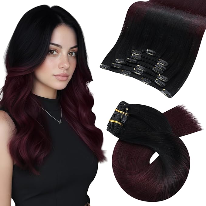 Moresoo Clip in Hair Extensions Remy Double Weft Human Hair Clip in Extensions Balayage Straight Hair Extensions for Women Ombre Black with Burgundy 7pcs 120g 16inch