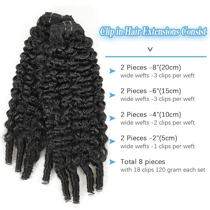 Burmese Curly Clip in Hair Extensions Real Human Hair, 8Pcs Remy Human Hair Clip in Extensions for Women, Natural Soft Human Hair, 120g 24inch #1B Natural Black