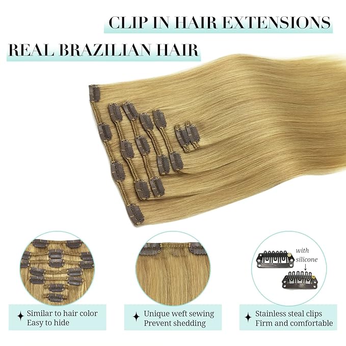 DOORES Clip in Hair Extensions - Dirty Blonde, 22 Inch, 7pcs 120g - Real Human Hair for Women, Thick Silky Straight Natural Extensions