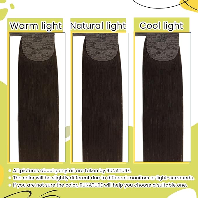 RUNATURE Ponytail Extension Human Hair, Wrap Around Real Human Hair Ponytail Extension, Clip in Ponytail Hair Extensions, Remy Natural Hair Pony Tails, Magic Pate Hairpiece, 16 Inch 80g #2 Dark Brown