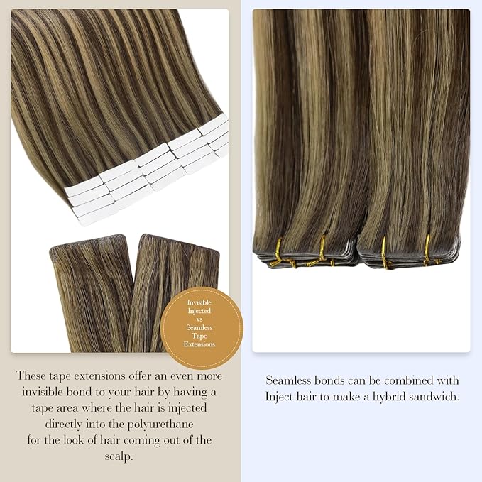Full Shine Injection Tape in Extensions Real Human Hair 18 Inch Color BM Virgin Tape in Hair Extensions Seamless Skin Weft Invisible Human Hair Tapes in Extensions 12.5G 5Pcs for Women