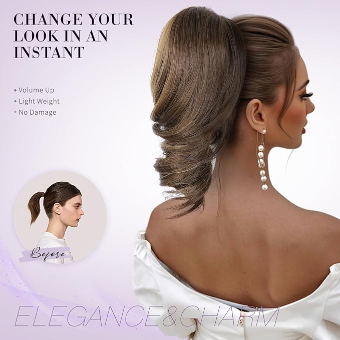 Clip on Ponytails for Women - 12 Inch Short Ponytail Extension, Curly Pony Tails Hair Extensions, Synthetic Hair Extensions Ponytail, Clip in Ponytail (Dark Blonde with Beige Blonde Highlights)