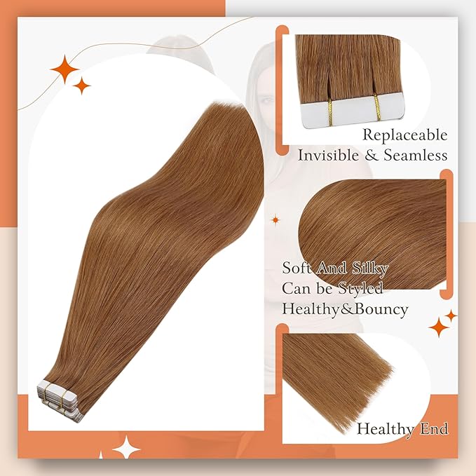 Full Shine Hair Extensions Tape in Color 330 Copper Brown Tape in Human Hair Extensions 24Inch 100Gram 40Pcs Long Straight Seamless Skin Weft Brazilian Remy for Wedding Add Length
