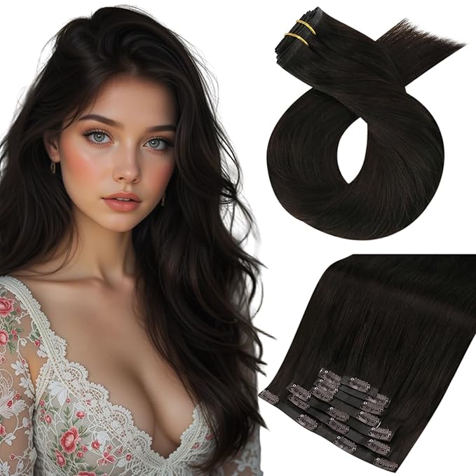 Moresoo Brown Seamless Clip in Hair Extensions Human Hair Straight Dark Brown Hair Extensions Clip ins Remy Pu Weft 120g/7pcs 22 inch