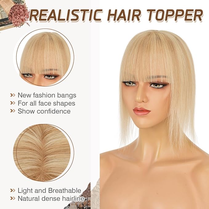 Rich Choices Real Human Hair Toppers for Women With Bang 100% Remy Human Hair Topper for Thinning Hair Clip in Silk Base Hair Topper 16 Inch #18P613 Ash Blonde Mix Bleach Blonde
