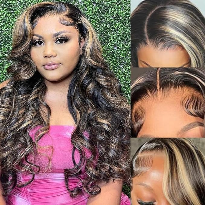 28 Inch 1B/27 13x6 Balayage Highlight Ombre Body Wave Lace Front Wigs Human Hair 200 Density Honey Blonde Colored HD Lace Frontal Glueless Wigs Human Hair Pre Plucked for Women Triple Lifespan 3X
