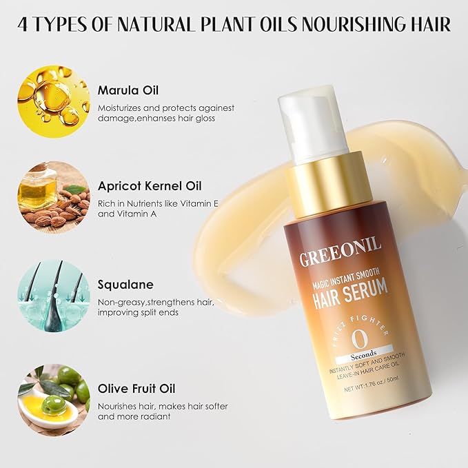 Hair Serum for Frizz Hair - Anti Frizz Serum Hydration and Shine and Gloss Treatment with Marula Oil, Squalane, Vitamin E, Olive, Leave-In, For All Hair Types, 1.76 Fl Oz