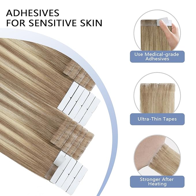 COOKAYU Invisi Edge Tape in Hair Extensions Human Hair, Ash Brown to Platinum Blonde 20Inch 20pcs 45g Straight Invisible Injected Tape in extensions