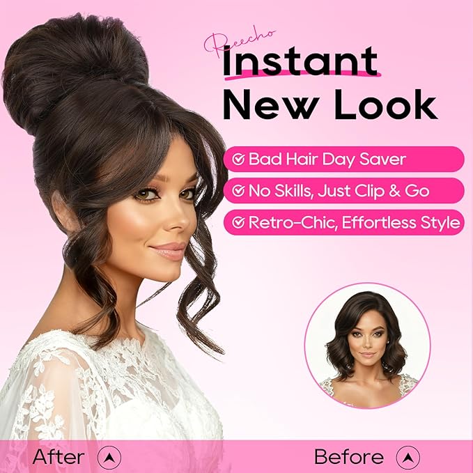 REECHO Messy Bun Hair Piece with Bangs – 2-in-1 Drawstring Ponytail Extension Updo Wig & Hair Topper with Long Side Bangs, Natural-Looking Hair Bun Hairpieces for Women - Light Brown