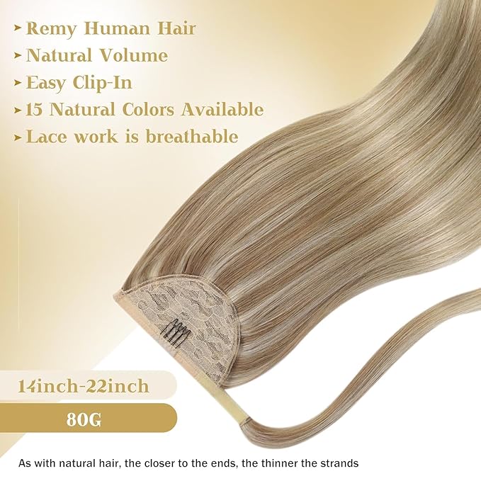 Ve Sunny Hair Extensions Ponytail Real Human Hair Wrap Around Clip in Ponytail Hair Extensions Straight Extensions Human Hair for Women Dark Blonde Highlights Golden Blonde 16inch 80G
