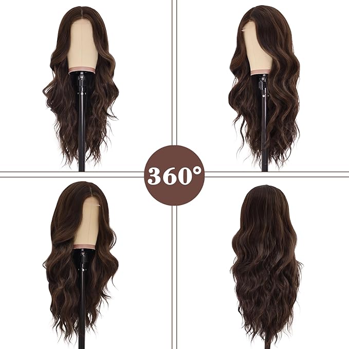 NAYOO Long Brown Wavy Wig for Women 26 Inch Middle Part Curly Wavy Wig Natural Looking Synthetic Heat Resistant Fiber for Daily Party (Brown with Highlights)