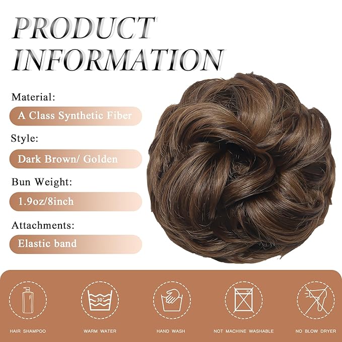 Large Messy Bun Hair Piece Curly Synthetic Extensions Scrunchies Fake Chignon Updo Hairpieces for Women Dark Brown Highlights