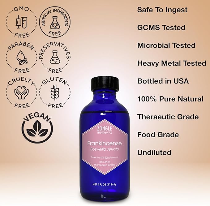 Frankincense Essential Oil, Edible, for Face, Dark Circles – 100% Pure, Frankincense, Resin, Oil, Boswellia Serrata by Zongle Therapeutics, 4 OZ