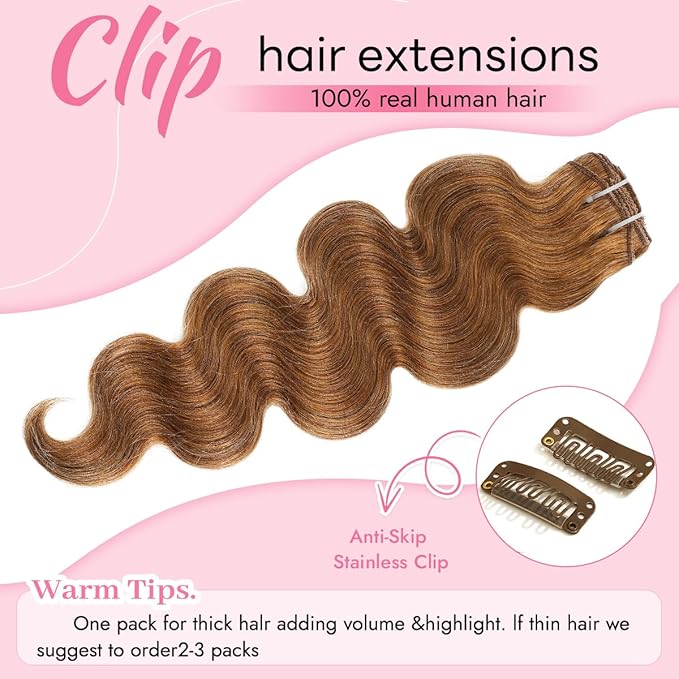 Clip in Hair Extensions Real Human Hair Body Wave 6 Chestnut Brown Clip in 100% Brazilian Remy Human Hair Extensions 8pcs Per Set with 18 Clips Double Weft 18 Inch 100g/3.6oz