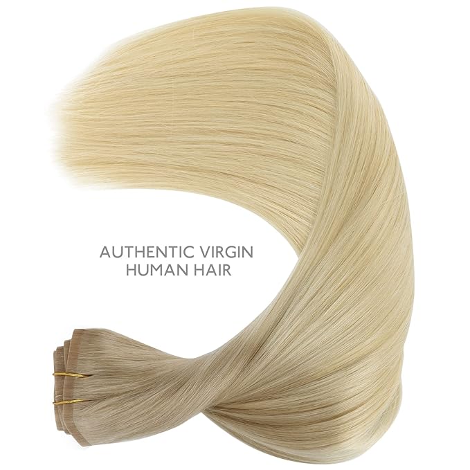 WENNALIFE Seamless Clip In Hair Extensions Human Hair, 12 Inch 80g 7pcs Ombre Ash Blonde to Golden Blonde Balayage Platinum Blonde Remy Hair Invisible PU Skin Weft