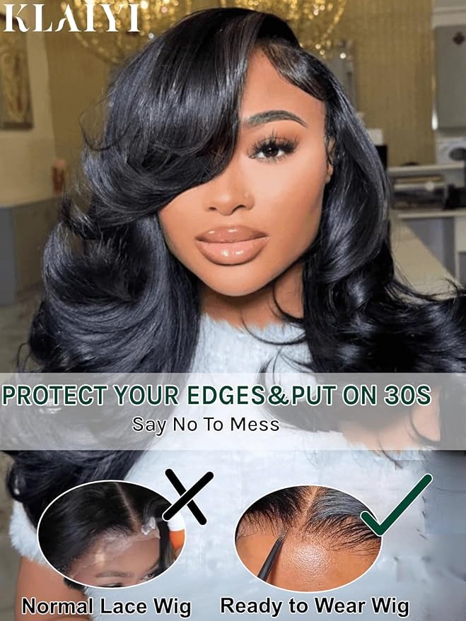 KLAIYI Pre Everything Glueless Layer Side Part Loose Body Wave 13x4 Lace Front Wigs Human Hair Drawstring Curtain Bangs Face framing Pre Bleached Knots Pre Plucked 3S Ready to Put On and Go Wig 26Inch