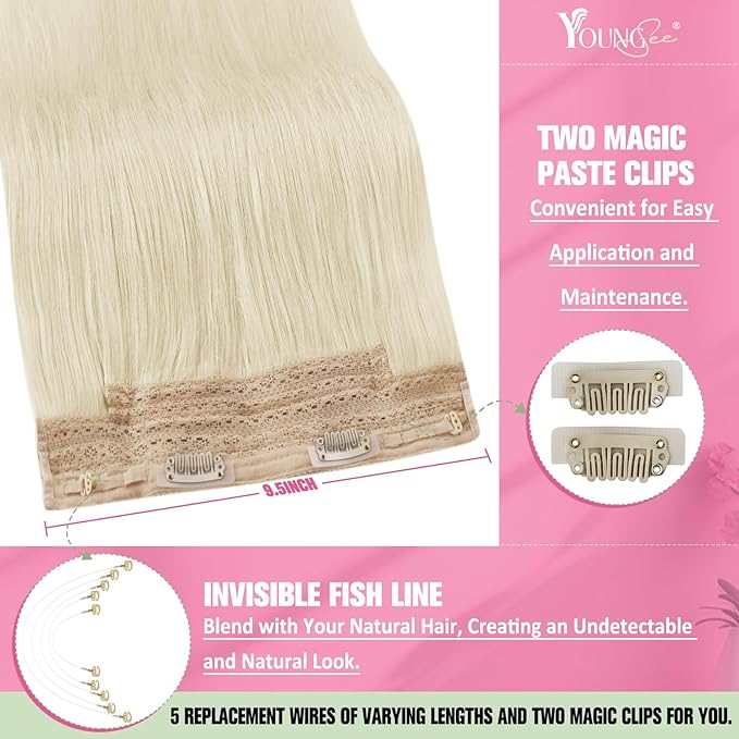 YoungSee Invisible Wire Hair Extensions Real Human Hair Blonde Hair Extensions Wire Platinum Blonde Fish Line Hair Extensions Human Hair Dyable Remy Hair 16In 80G