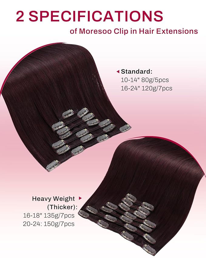 Moresoo Burgundy Clip in Hair Extensions Dark Red Hair Extensions Clip ins Straight for Women Double Weft Wine Red Remy Human Hair 16 inch 120g/7pcs
