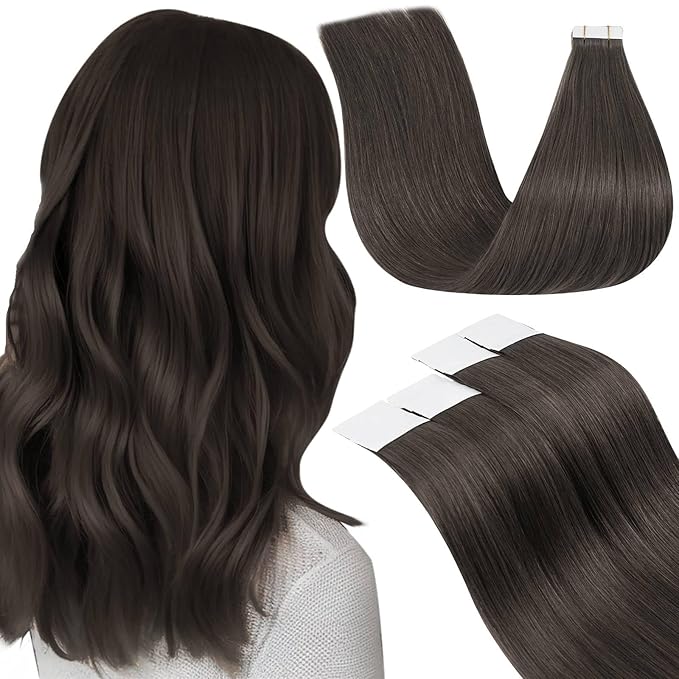 LaaVoo Tape in Hair Extensions Human Hair Mocha Brown Tape in Extensions Invisible Hair Extension Tape on Silky Straight Hair 16inch 20pcs 50g