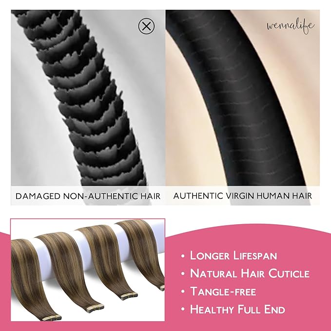 Wennalife Tape in Hair Extensions Human Hair Balayage Chocolate Brown to Caramel Blonde Tape in Extensions, 10pcs 25g 16 inch Remy Invisible Tape Ins Straight Soft Real Human Hair Tape in Extensions