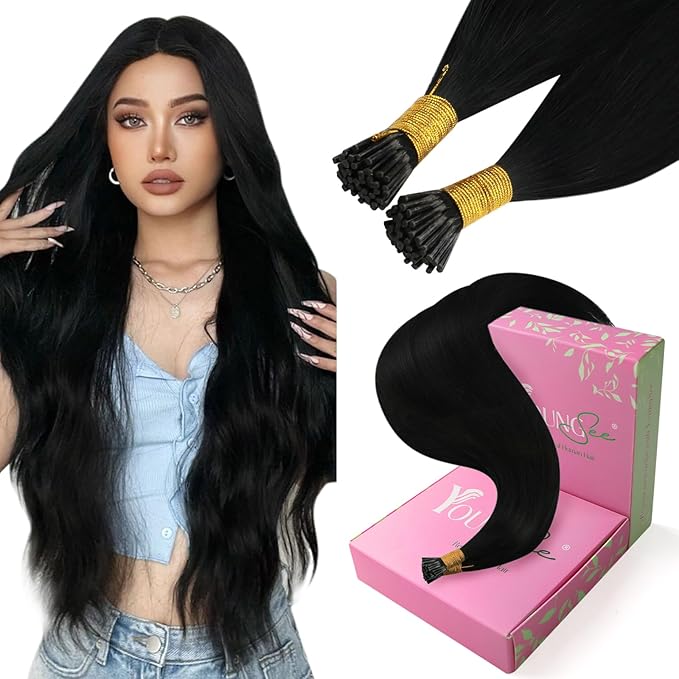 YoungSee Itip Human Hair Extensions Black 20In I Tip Hair Extensions Human Hair Jet Black Itip Extension Remy Hair 50s 50g Pre Bonded Hair Extension with Soft and Smooth Texture