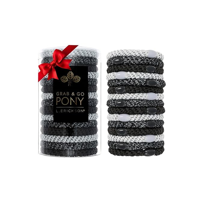 Black and Silver Hair Ties for Thick Hair, Grab & Go Pony Tube, 15 Pack, Black Metallic Pack, Thick No-Crease Bands with Strong Hold, Damage-Free Design | L. Erickson