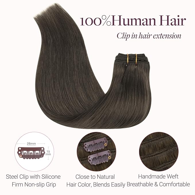 GOO GOO Clip in Hair Extensions Real Human Hair, Remy Human Hair Extensions Clip ins for Women, Natural Human Hair, 14inch 120g 7Pcs, 1C Mocha Brown