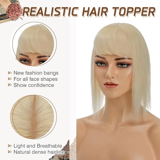 Rich Choices Real Human Hair Topper With Bang for Women - 100% Remy Hair for Thinning Hair, Clip in Silk Base, 10 Inch #613 Bleach Blonde