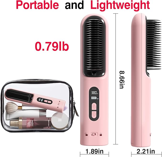 Hair Brush Straightener Cordless, Straightening Comb for Women with 300 Million Negative Ions, 6 Temps 30s Fast Heating, 10000mAh Rechargeable Battery, Portable Travel Frizz-Free, On-The-Go Styling
