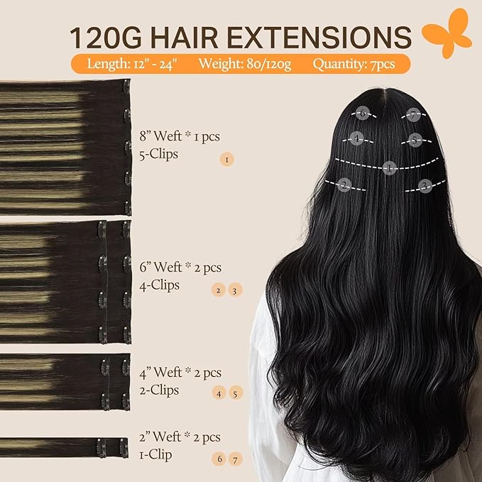 DOORES Hair Extensions Clip in Human Hair, Balayage Natural Black to Light Blonde 18 Inch 120g 7pcs Remy Clip in Human Hair Extensions Straight