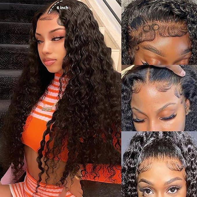 SOSATISFY 13x6 Deep Wave Lace Front Wigs Human Hair Pre Plucked 26 Inch HD Transparent Lace Frontal Curly Wigs 200% Density Glueless Deep Curly Wigs For Women Natural Black