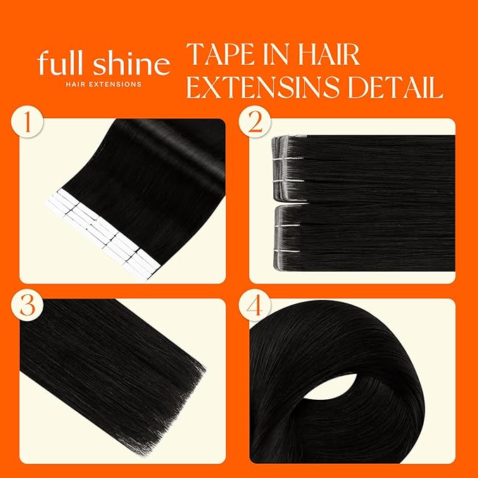 Full Shine Invisible Injected Tape in Hair Extensions Color 1B Black Machine Remy Skin Weft Injection Silky Tape in Extensions 50Grams Double Side 24Inch 20Pcs Real Human Hair Straight for Wedding