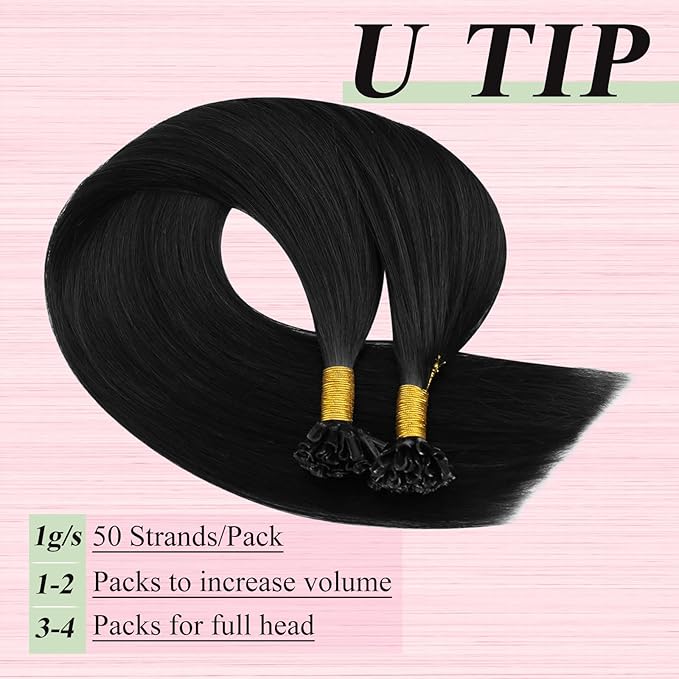 YoungSee U tip Hair Extensions Black U Tip Hair Extensions Human Hair Jet Black 16 Inch Keratin Tip Extension Real Human Hair Silky Smooth Texture 1g/s 50s/50g for School
