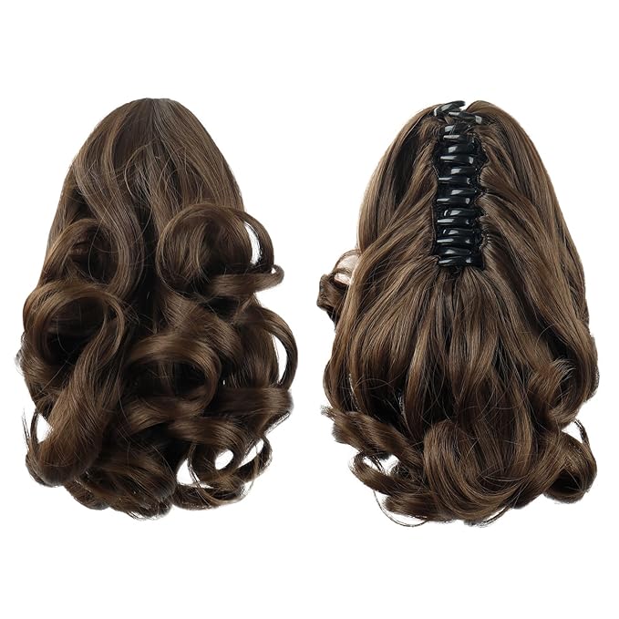 Ponytail Extension,9" Short Curly Wavy Claw Clip in Ponytails Hair Extensions Natural Soft Synthetic Hairpiece for Women - Chestnut Brown