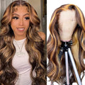 13x4 Highlight Ombre Lace Front Wig Human Hair Pre Plucked 4/27 Honey Blonde HD Glueless Colored Lace Frontal Wigs For Women with Baby Hair 200% Density Body Wave Lace Front Wig (28 Inch)