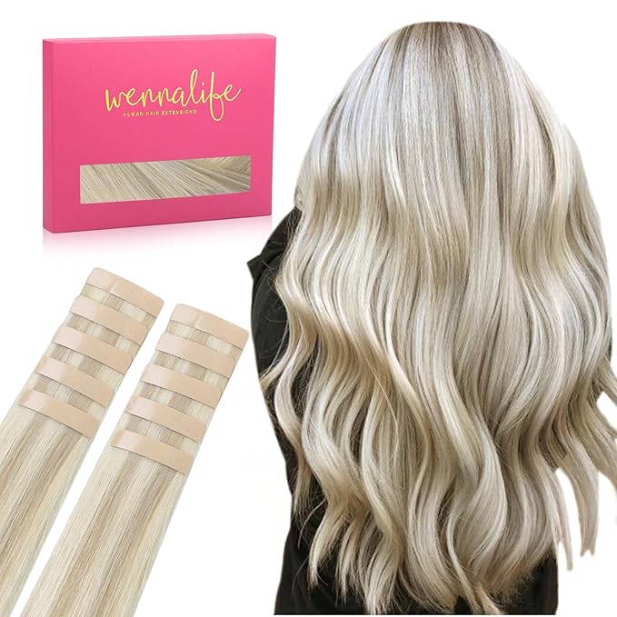 WENNALIFE Tape in Hair Extensions Human Hair Ash Blonde Highlighted Platinum Blonde Tape in Extensions, 10pcs 30g 26 inch Remy Invisible Tape Ins Straight Soft Real Human Hair Tape in Extensions