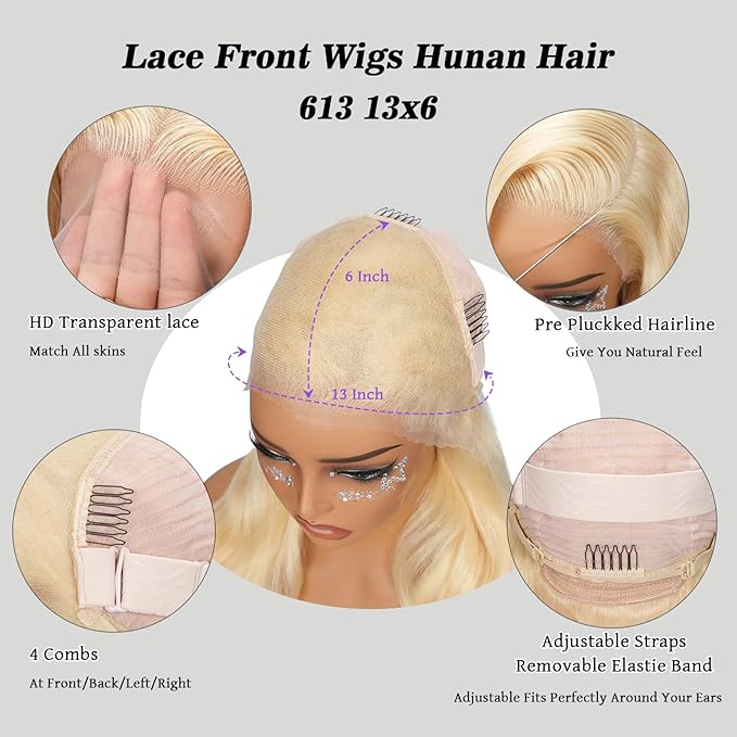 613 13X6 Lace Front Wig Human Hair 24 Inch Glueless Wig Human Hair 220% Density Body Wave Human Hair Wig Blonde 100% Real Human Hair Triple Lifespan 3X No Tangle No Shedding No Synthetic