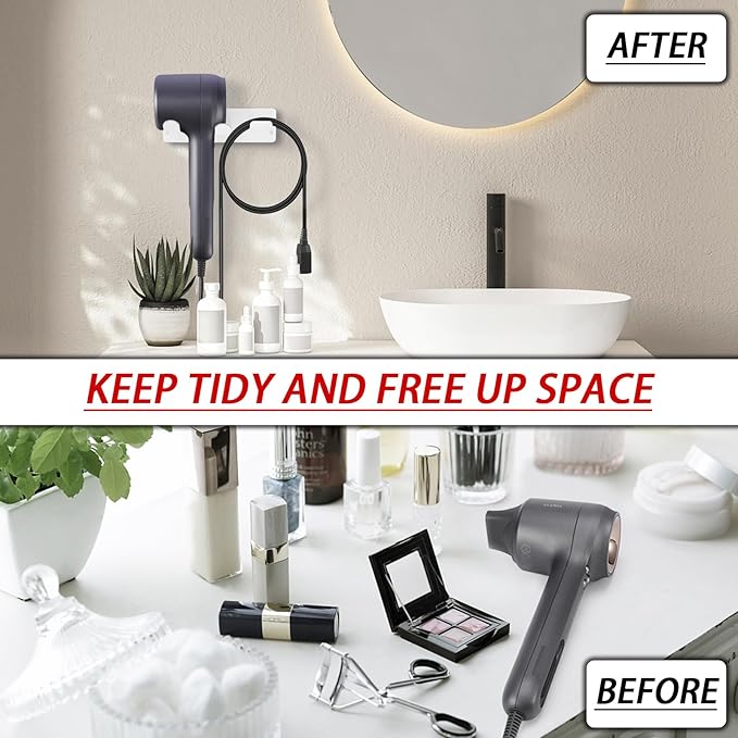 Hair Dryer Holder, Wall Mounted Rack Compatible with All Hair Dryer, Space Organizer for Bathroom/Bedroom/Washroom/Barbershop, 304 Stainless Steel, 3M Self Adhesive (White)