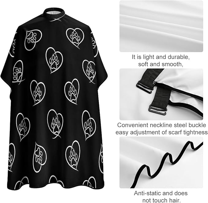 Large Long Hair Cutting Cape, Salon Apron Cat Dog Paw Prints Heart Black Haircuting Salon Cape Gown for Hair Cutting Styling