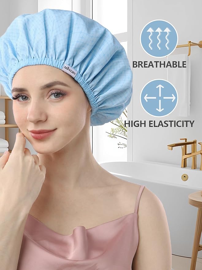 Years calm Shower Caps For Women Reusable Waterproof，Pattern And Solid Color Dual-Layer Design For Dual-Layer Usable，Protects Hair In Shower, Spa, Cooking, Clean & Travel (Blue, Extra Large)